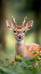 Obraz premium A serene deer in a lush forest setting, showcasing delicate features and soft fur amid vibrant greenery.