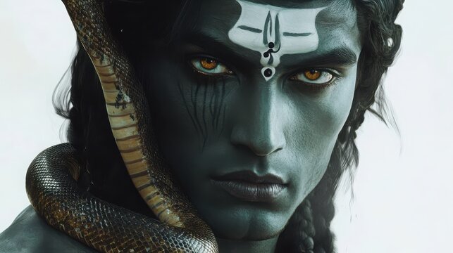 Characters close-up of Lord Shiva&acirc;&euro;&trade;s face, with a snake coiled around his neck and the moonlight softly illuminating his features, white background 