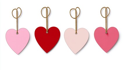 Set of heart shapes red and pink paper stickers Mock up blank tags labels isolated on white background