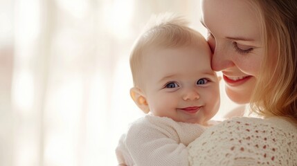 A joyful mother cuddles her smiling baby, capturing a warm moment of love and happiness in a cozy setting.