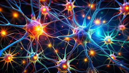 Fototapeta premium Neurons with glowing axons dance across a midnight backdrop, their mesmerizing hues like a kaleidoscope exploding in a