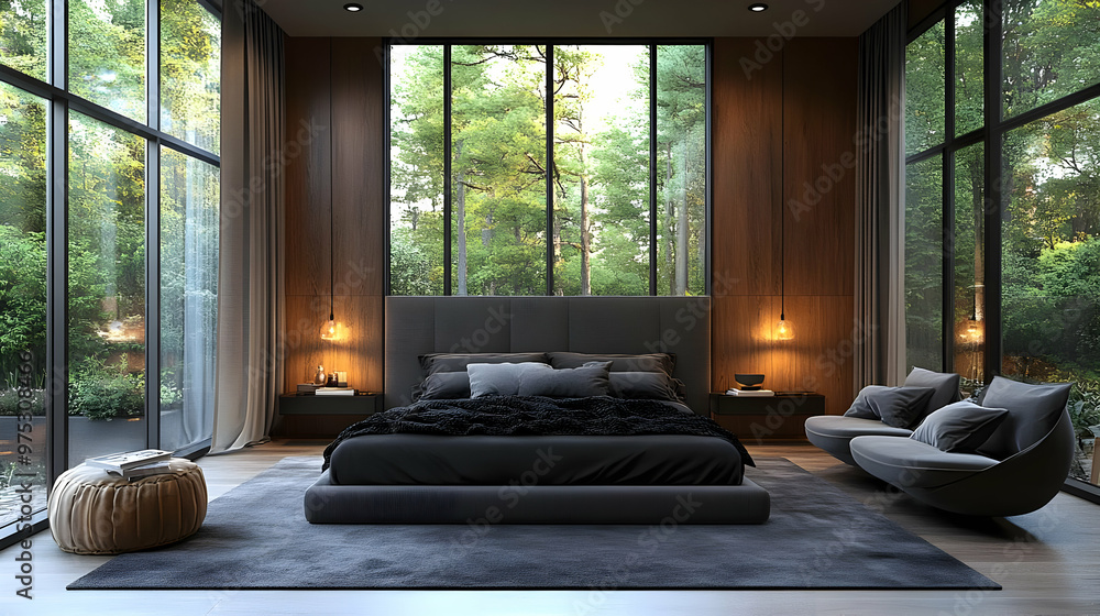 Canvas Prints Modern bedroom with large windows overlooking a forest.