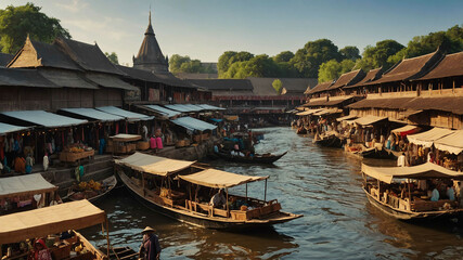 Obraz premium Traditional wooden market stalls lining a busy riverfront