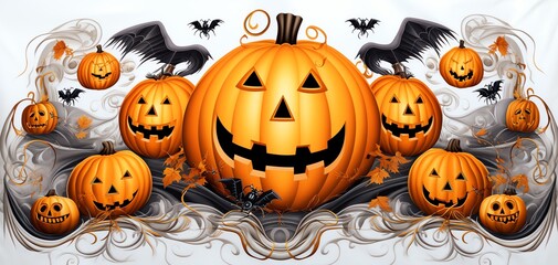 Festive Halloween scene featuring vibrant pumpkins and playful bats, perfect for celebrating the spooky season.