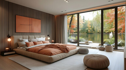 Modern bedroom with large windows overlooking a lake and autumn foliage.