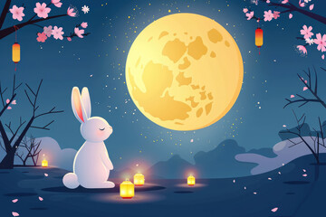 Traditional Chinese Festival: Mid-Autumn Festival, rabbit and moon illustration