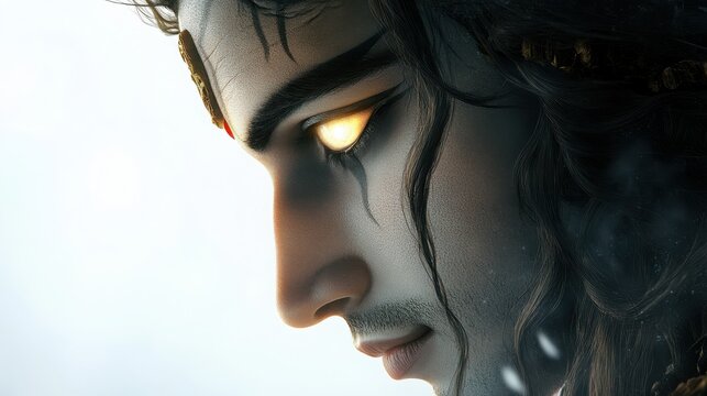 Characters detailed view of Lord Shiva&acirc;&euro;&trade;s face, focusing on the subtle glow around his third eye and the soft texture of his hair, white background 
