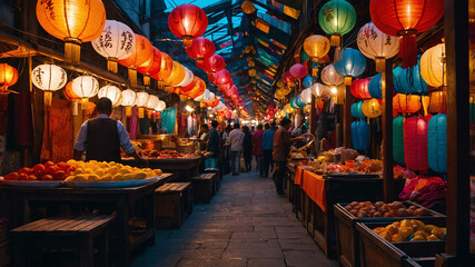 Naklejka premium Vibrant street market stalls under colorful paper lanterns