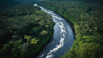 Winding river cutting through a tropical rainforest