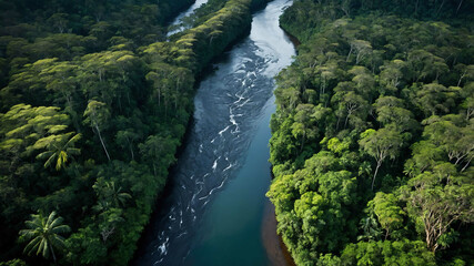 Winding river cutting through a tropical rainforest