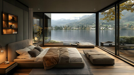 Modern bedroom with large windows overlooking a lake and mountains.