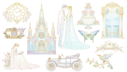 PNG Alphonse Mucha wedding illustration element set, transparent background