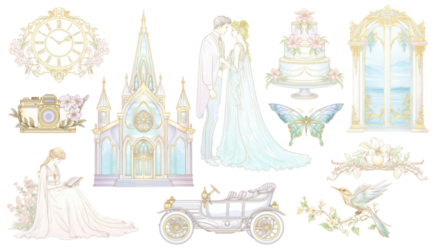 PNG Alphonse Mucha wedding illustration element set, transparent background