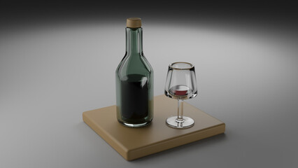 Half drink bottle of wine and half full glass of rede wine standing at the wooden desk. Stock image. 3D render