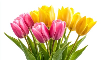 Naklejka premium Yellow and pink tulip flowers in a floral arrangement isolated on white background.