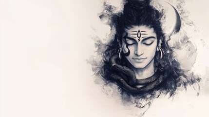 Characters of Lord Shiva with a snake coiled around his neck and the crescent moon on his forehead, representing eternal calm and serenity, white background 