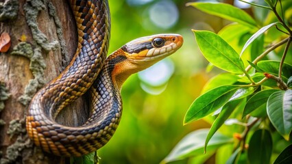 Fototapeta premium Slender rat snake ascends a leafy tree, its brown coils blending seamlessly with the foliage, creating a stunning