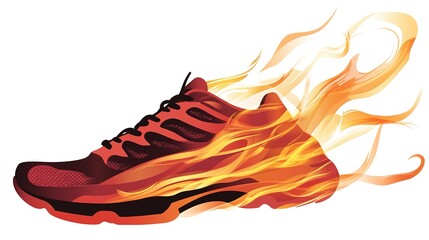 Fiery Running Shoes: Vector Silhouette Illustration. This image features a dynamic vector silhouette of running shoes with a fiery design, emphasizing speed and energy through bold, flame-like element