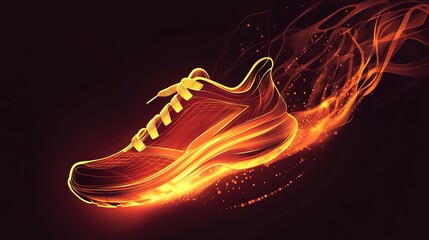 Fiery Running Shoes: Vector Silhouette Illustration. This image features a dynamic vector silhouette of running shoes with a fiery design, emphasizing speed and energy through bold, flame-like element