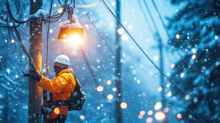 A lone worker in a bright orange jacket works on a power line pole during a snowstorm, with snow falling and a single street light illuminating the scene.