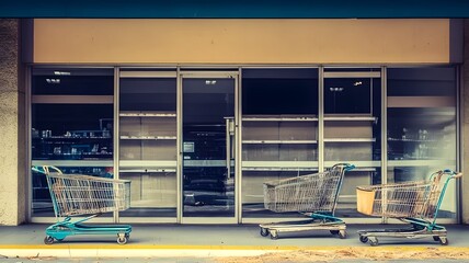 Abandoned retail store with boarded-up storefront . Empty shelves visible through dusty window, deserted shopping carts in foreground. Symbolic representation of economic downt