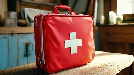 First Aid Kit with Essential Medical Supplies. This image features a comprehensive first aid kit, including various medical supplies and tools organized neatly inside a durable container,