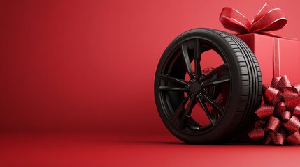 Car tires new tyres winter wheels isolated on red christmas background with bow ribbon present.