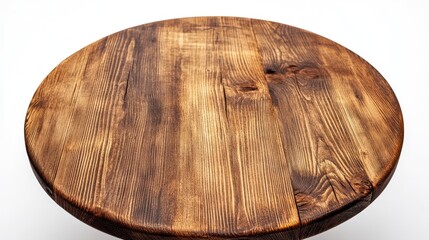 Round wooden tabletop with a dark brown stain and natural wood grain.