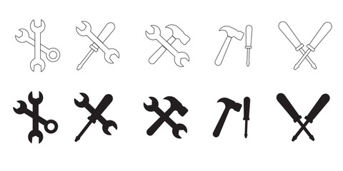 Tools and Service icons set. Wrench, screwdriver and gear icon. Screwdriver and wrench glyph icon. Settings and repair, service sign - stock vector.