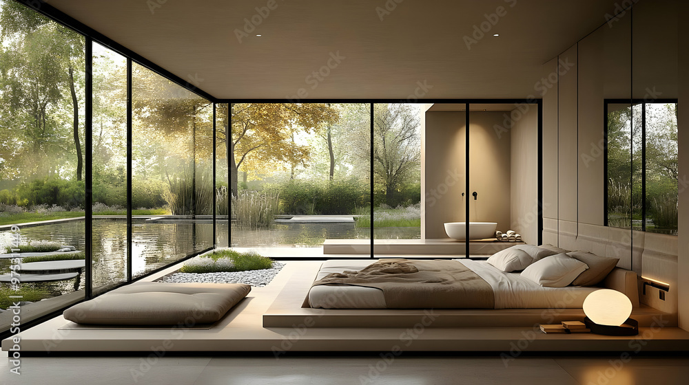 Canvas Prints Modern bedroom with large windows overlooking a pond and garden.