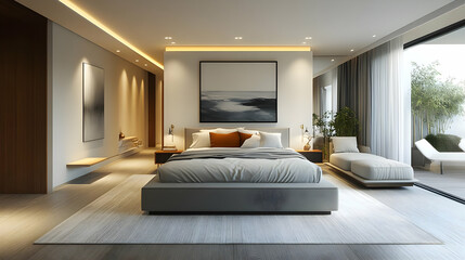 Modern bedroom with large windows overlooking a patio.