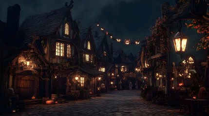 Obraz premium A Halloween-themed medieval village with cobblestone streets and stone cottages adorned with spooky decorations. The village is lit by flickering torchlight and features costumed villagers in 
