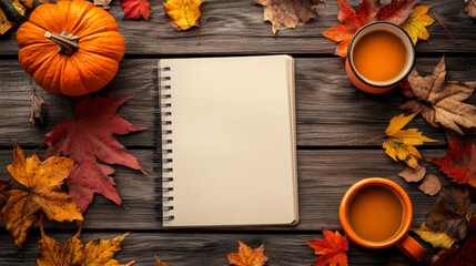 Autumn fall holiday background with pumpkin leaves cocoa cup blank empty paper notebook notepad on brown wooden table desk happy halloween thanksgiving mock up above top vertical overhead view