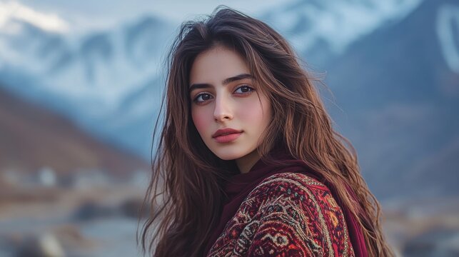 Nature in background model posing for photoshot at mountains areas chitral pakistan.