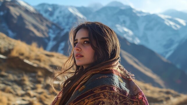Nature in background model posing for photoshot at mountains areas chitral pakistan.