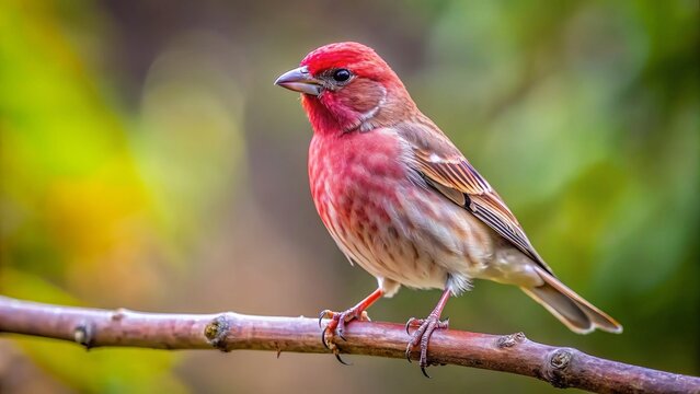 * The small rosefinch sits peacefully on a tree branch, its vibrant plumage a splash of color against