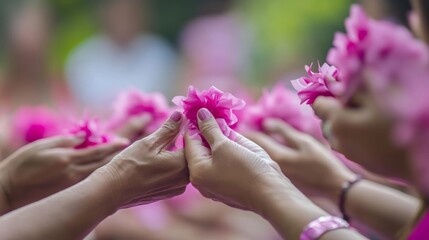Fototapeta premium Hands of women holding the guide of self breast cancer detection