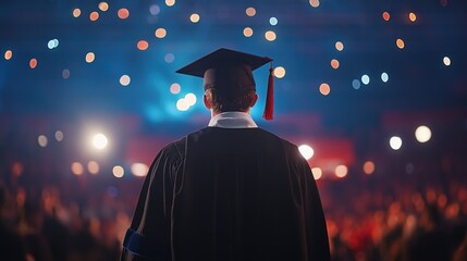 Rear view of graduate in cap and gown with blurry crowd and lights.