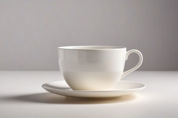 a white cup and saucer on a white table                            
