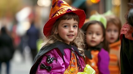 Fototapeta premium Children dressed in costumes go trick or treating for candy Halloween to the stores in downtown Westfield New Jersey