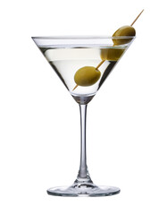 A classic martini served in a stylish glass, garnished with green olives for a perfect cocktail experience.