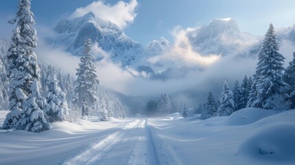 Winter Wonderland: Snow-Covered Mountains and Path