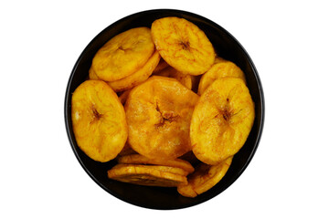 banana chips in black bowl isolated transparent