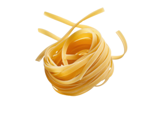 A close-up of a coil of fresh fettuccine pasta, perfect for culinary presentations and food styling.