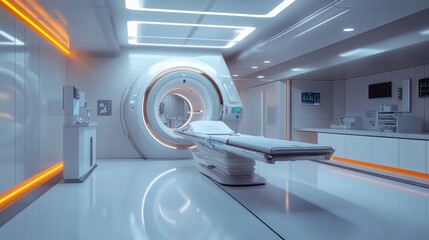 Futuristic medical room with MRI scanner and examination table.
