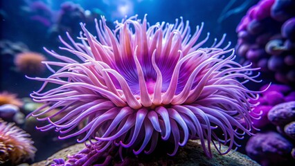 Vibrant purple sea anemone rises up from the seafloor, its delicate tentacles swaying lazily in the ocean's embrace.
