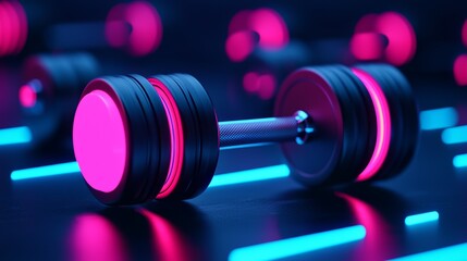 Fototapeta premium Neon pink dumbbells in a futuristic gym setting, symbolizing strength training and modern fitness trends.