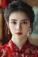 Fototapeta premium A young Chinese woman, close-up photo of her head with a red background