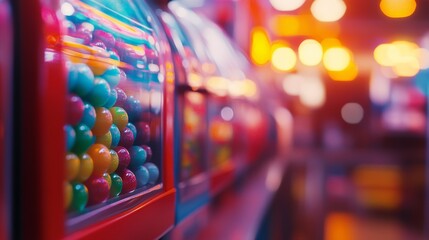 A vibrant close up of a candy store counter featuring rows of gumball machines and colorful lights in the background evoking a nostalgic and cheerful atmosphere.