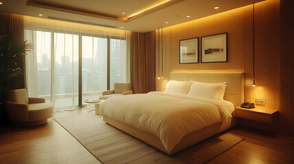Modern bedroom with large windows, king-size bed, two chairs, bedside table, and two framed pictures.